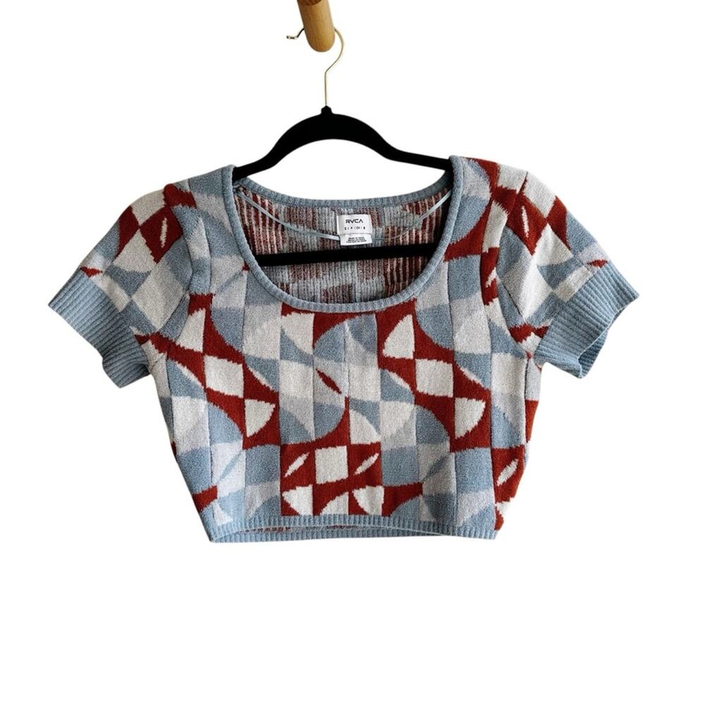 RVCA Geode Geometric Cropped Plush Sweater Top Blue Rust Size Small